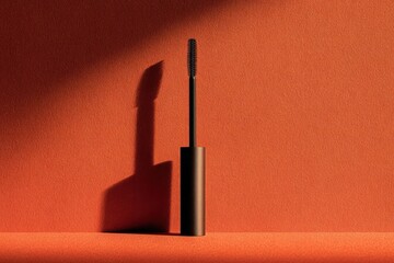 Dark mascara tube casts shadow on orange background