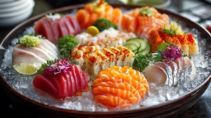 Assorted Sushi and Sashimi Platter on Ice .