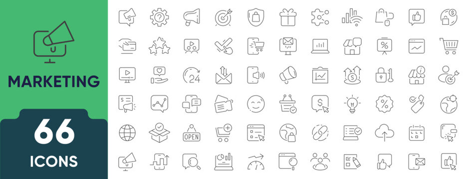 Media Marketing Line Icon Set. Set of 66 outline icons including SEO, digital ads, analytics, content, audience reach, branding, and strategy. Editable stroke. Linear vector illustration.