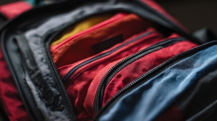 Unzipped children's backpack showing empty interior compartments. School backpack