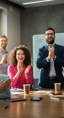 Diverse team applauds in business meeting