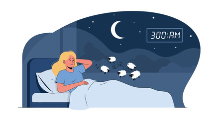 Woman struggling with insomnia at night with counting sheep under moonlight