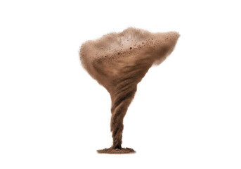 Naklejka premium A dynamic, swirling cloud of light brown dust with fine particles forming a cohesive vortex-like shape, rising against a transparent studio background with no shadows, concept of dynamic movement and