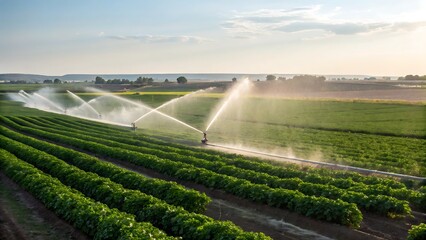 Irrigation system watering a field of green crops