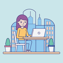 Young Woman Working on Laptop in Modern City Office Setting