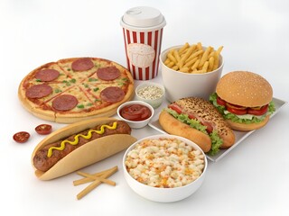 Assortment of Delicious Fast Food Items Pizza, Burger, Hotdog