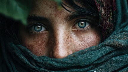 Portrait of a girl from a nomadic culture wrapped in fabric with striking eyes showcasing her resilience and heritage in natural surroundings