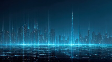 Futuristic city skyline with glowing digital lines in a blue background.