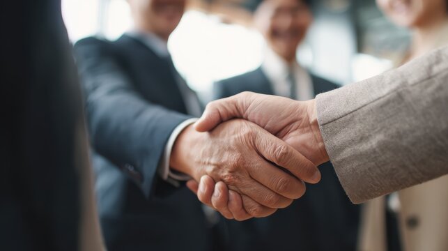 Happy businessman and businesswoman shaking hands at group board meeting. Professional business executive leaders making handshake agreement successful company trade partnership handshake concept., n