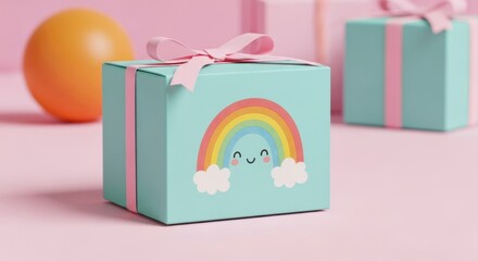 A cute blue gift box with a rainbow and happy face on a pink background