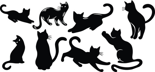 Obraz premium Collection of black cat silhouettes in various poses, vector illustration of playful and sitting cats on white background. 