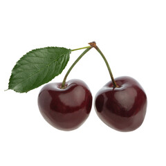 Cherry with green leaves on white isolated background