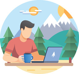 Man Working on Laptop in Scenic Mountain Landscape