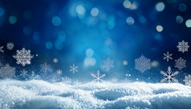 snowflakes falling on the snow in the side on blue background with backlight