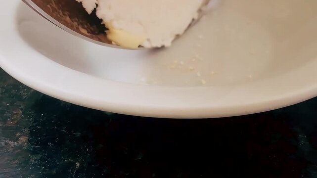 Tapioca with queijo coalho being served from frying pan to plate &ndash; close-up 