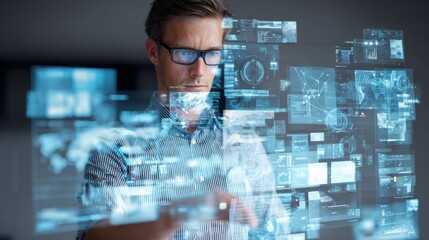 A business professional analyses complex holographic data projections, embodying the integration of business intelligence and advanced technology.