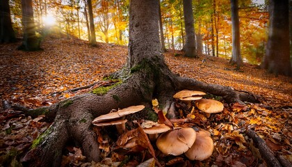 autumn leaves mushrooms tree roots on forest floor
