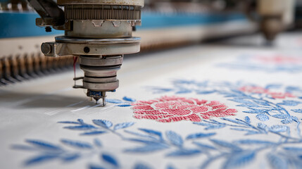 Close-up of fabric being embroidered with a machine, fabric manufactory, photo style
