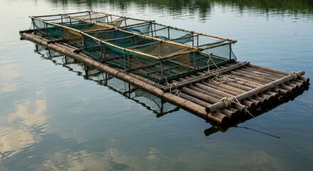 Fototapeta premium Bamboo raft with fishing nets on water