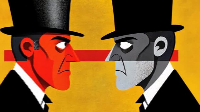 Two Men Facing Off in a Stylized Confrontation with Intense Expressions and Bold Colors
