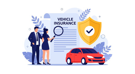 Adobe illustrator vector flat style illustration of vehicle insurance policy examination with a woman, car, magnifying glass, and shield, ideal for secure automotive concepts