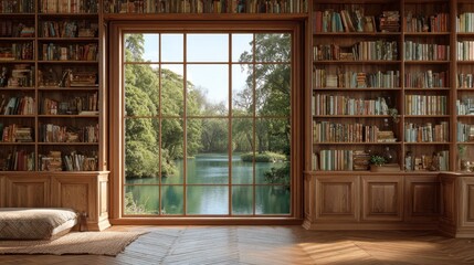 bookshelf background interior retirement home office library study with window of trees and water lake scenery. Bookshelves in room. Online virtual presentation teams meeting room background.