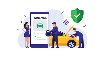 Adobe illustrator vector flat style illustration of car insurance with agents, a smartphone app, and vehicle service, ideal for automotive protection concepts