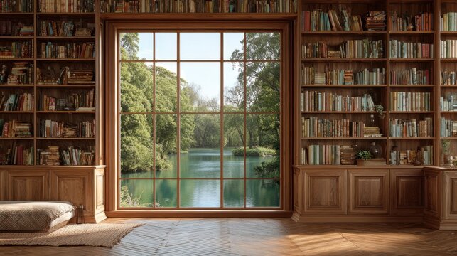 bookshelf background interior retirement home office library study with window of trees and water lake scenery. Bookshelves in room. Online virtual presentation teams meeting room background.