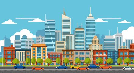 Adobe illustrator vector flat style illustration of a vibrant city skyline with colorful buildings and busy street traffic, ideal for urban life and real estate concepts