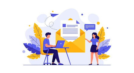 Adobe illustrator vector flat style illustration of people exchanging emails and messages, depicting online communication and digital correspondence concepts