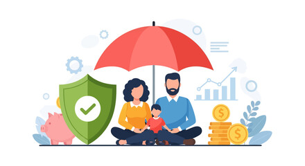 Adobe illustrator vector flat style illustration of a family under an umbrella with a piggy bank, representing financial security, savings, and insurance
