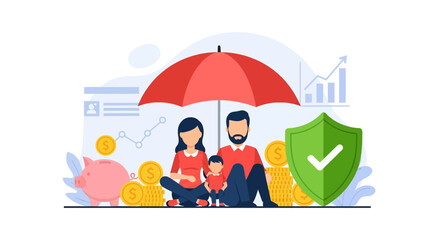 Adobe illustrator vector flat style illustration of a family under an umbrella with a piggy bank, representing financial security, savings, and insurance