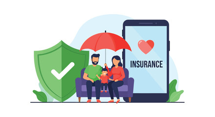 Adobe illustrator vector flat style illustration of a family under an umbrella with a shield and insurance app, representing protection and life insurance concepts