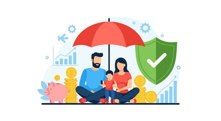 Adobe illustrator vector flat style illustration of a family under an umbrella with a piggy bank, representing financial security, savings, and insurance