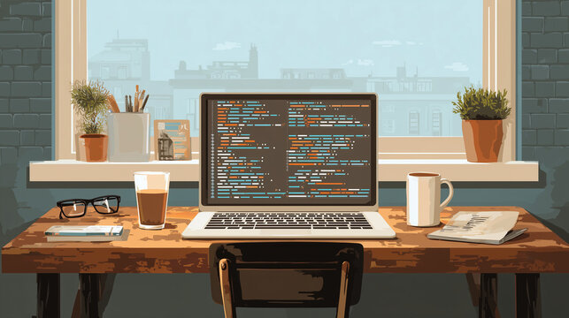 Office desk with laptop, coffee, and code snippets on screen, technology, vector style