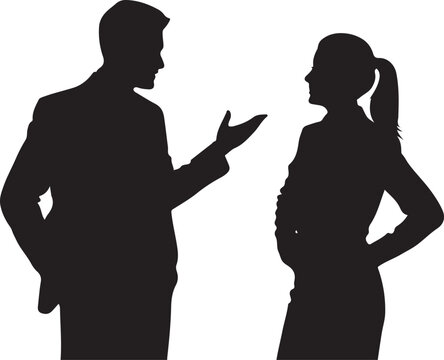 Business man and woman talking silhouette vector art illustration on white background
