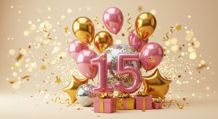 Festive 15th birthday celebration with balloons and gifts in sparkling gold and pink theme