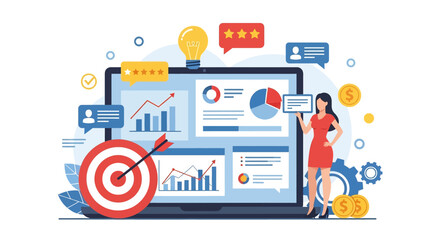 Adobe illustrator vector flat style illustration of a woman analyzing marketing goals and targets on a laptop, ideal for business strategy and data analytics concepts