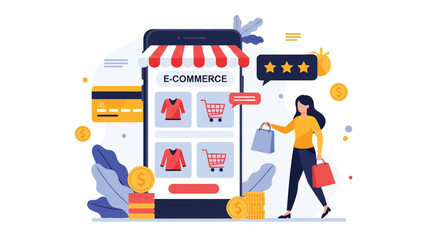 Adobe illustrator vector flat style illustration of a happy woman enjoying online shopping with bags, showcasing a mobile e-commerce store with ratings and payment options