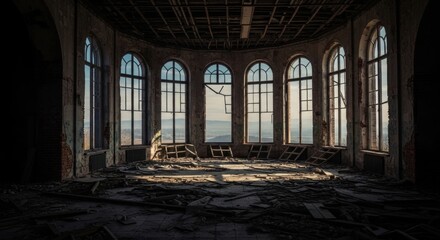 Sunlight streams into a grand, abandoned room with arched windows