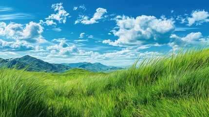 Obraz premium nature spring view grass landscape illustration sky summer, beautiful outdoor, scenery hill nature spring view grass landscape