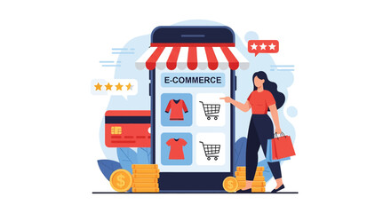 Adobe illustrator vector flat style illustration of a happy woman enjoying online shopping with bags, showcasing a mobile e-commerce store with ratings and payment options
