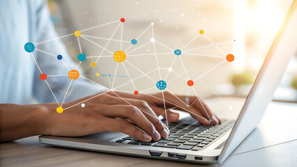 A person is typing on a laptop with a digital network overlay, representing global connectivity and modern technology in a business setting