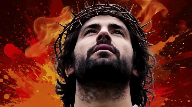 Jesus vector holy week, good friday. Passion of christ with crown of thorns. Religious persecution, sacrificial cruxifixion. Jesus last hour suffering and sacrifice, Light of the World