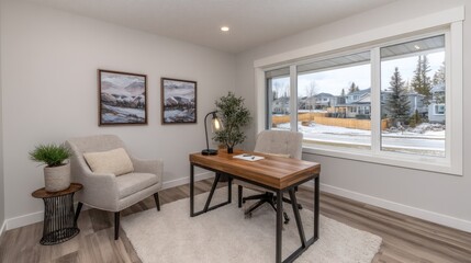 Fototapeta premium A cozy home office with a view of a snowy neighborhood.