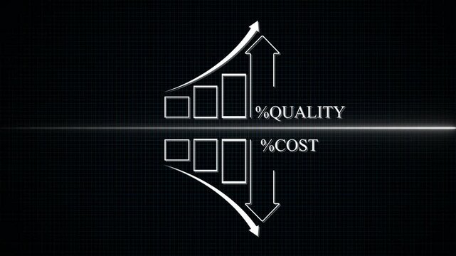 Cost reduce and high quality control concept. Businessman holding cost with down arrow and quality with up arrow for business with keywords isolated on white board background.