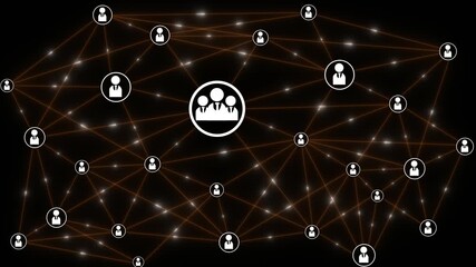 Animation of network of connections with people icons on black background - Powered by Adobe
