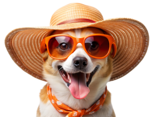 Close up of corgi dog wearing a straw hat and orange sunglasses against a black background smiling