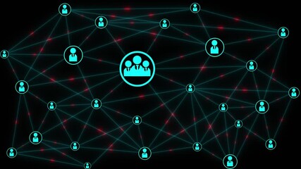 Animation of network of connections with people icons on black background - Powered by Adobe