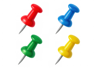 Colorful pushpins scattered, representing primary colors, pinning against clean transparent backdrop